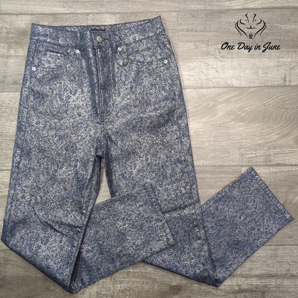 Express Slim Super High Rise Metallic Coated Jeans Blue Silver Size 6